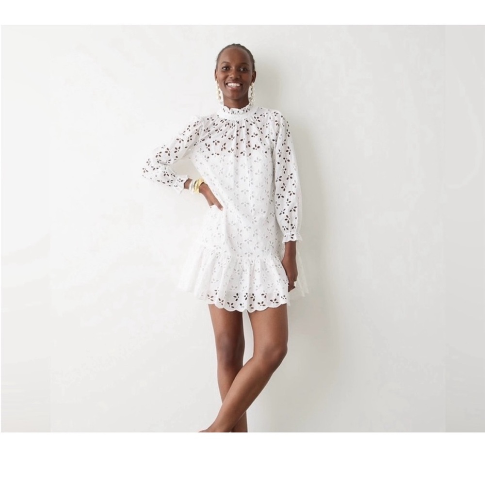 NWT J.Crew Ruffle Neck Eyelit Mini Dress w/Slip, Sz. XS Color is Snow White
